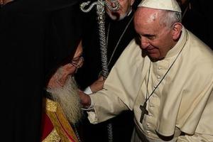 Ecumenical Patriarch Bartholomew I greets Pope Francis. Ecumenical Patriarch Bartholomew I greets Pope Francis.
