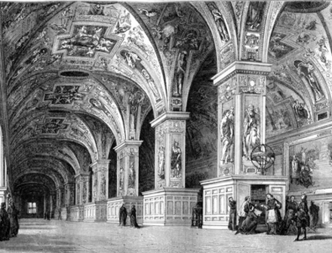 View of the Vatican Library in the eighteenth century, vintage engraved illustration. View of the Vatican Library in the eighteenth century, vintage engraved illustration.