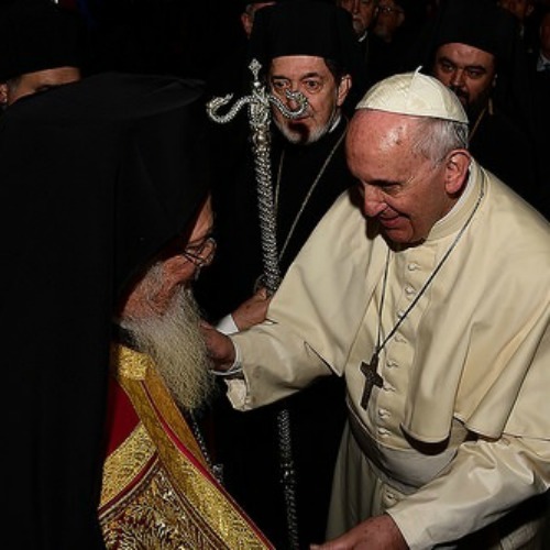 Ecumenical Patriarch Bartholomew I greets Pope Francis. Ecumenical Patriarch Bartholomew I greets Pope Francis.