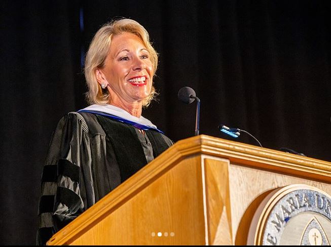 Education Secretary Betsy DeVos addresses graduates May 5 at Ave Maria University. Education Secretary Betsy DeVos addresses graduates May 5 at Ave Maria University.