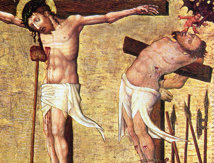 Hans von Tübingen (1380-1462), “Crucifixion,” ca. 1430, detail of Christ and the Impenitent Thief Hans von Tübingen (1380-1462), “Crucifixion,” ca. 1430, detail of Christ and the Impenitent Thief