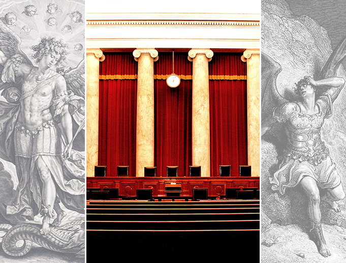 LEFT: Hieronymus Wierix, “St. Michael Slaying the Dragon,” 1584. CENTER: The inside of the United States Supreme Court (Phil Roeder, CC BY-2.0). RIGHT: Gustave Doré, Illustration for John Milton’s “Paradise Lost,“ 1866. LEFT: Hieronymus Wierix, “St. Michael Slaying the Dragon,” 1584. CENTER: The inside of the United States Supreme Court (Phil Roeder, CC BY-2.0). RIGHT: Gustave Doré, Illustration for John Milton’s “Paradise Lost,“ 1866.