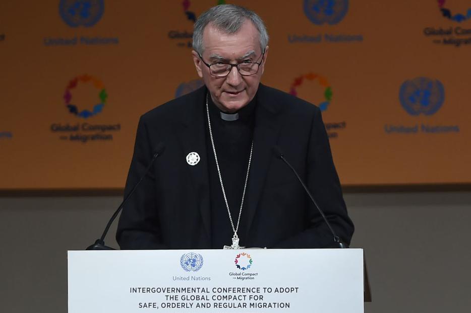 Cardinal Pietro Parolin, shown addressing the United Nations conference on migration in the Moroccan city of Marrakesh on Dec. 10, has said the U.N. ‘Global Compact on Migration’ comes at a ‘critical moment’ in history. Cardinal Pietro Parolin, shown addressing the United Nations conference on migration in the Moroccan city of Marrakesh on Dec. 10, has said the U.N. ‘Global Compact on Migration’ comes at a ‘critical moment’ in history.