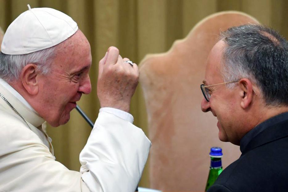 Pope Francis talks with Father Antonio Spadaro on the second day of the Special Assembly of the Synod of Bishops for the Pan-Amazon Region on Oct. 8, 2019 in the Vatican. Pope Francis talks with Father Antonio Spadaro on the second day of the Special Assembly of the Synod of Bishops for the Pan-Amazon Region on Oct. 8, 2019 in the Vatican.