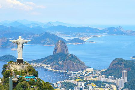 Aerial view of Rio de Janeiro with Christ Redeemer and Corcovado Mountain in Brazil.
