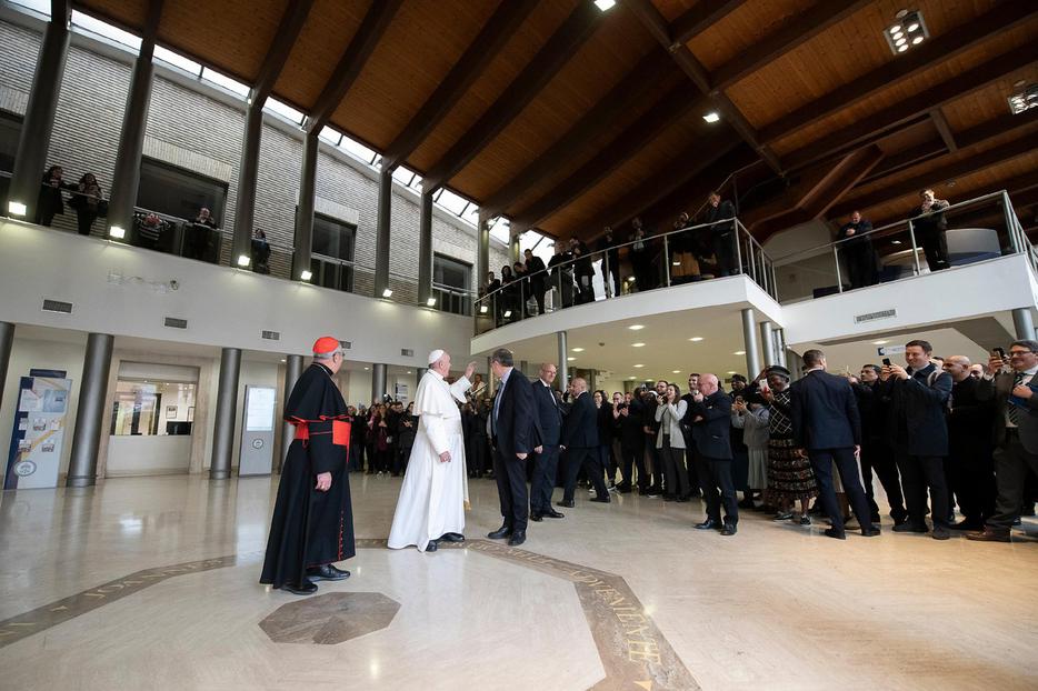 Pope Francis is shown making a surprise visit on March 25, 2019, to the Pontifical Lateran University, where he led the Lenten "Lectio Divina" meditation that the university organizes every year for the academic community. The university resumes in-person classes next month. Pope Francis is shown making a surprise visit on March 25, 2019, to the Pontifical Lateran University, where he led the Lenten "Lectio Divina" meditation that the university organizes every year for the academic community. The university resumes in-person classes next month.