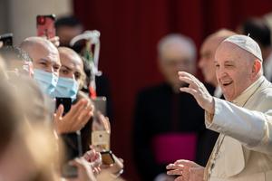 Pope Francis greets the faithful at his general audience in the San Damaso Courtyard at the Vatican Sept. 9, 2020. Pope Francis greets the faithful at his general audience in the San Damaso Courtyard at the Vatican Sept. 9, 2020.