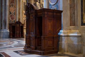 A confession booth is seen in St. Peter's Cathedral in Vatican City. Movies include the sacrament in their plots. A confession booth is seen in St. Peter's Cathedral in Vatican City. Movies include the sacrament in their plots.