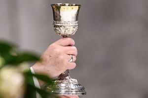 Pope Francis holds the chalice during Mass, Oct. 20, 2019, at St. Peter's Basilica. Pope Francis holds the chalice during Mass, Oct. 20, 2019, at St. Peter's Basilica.