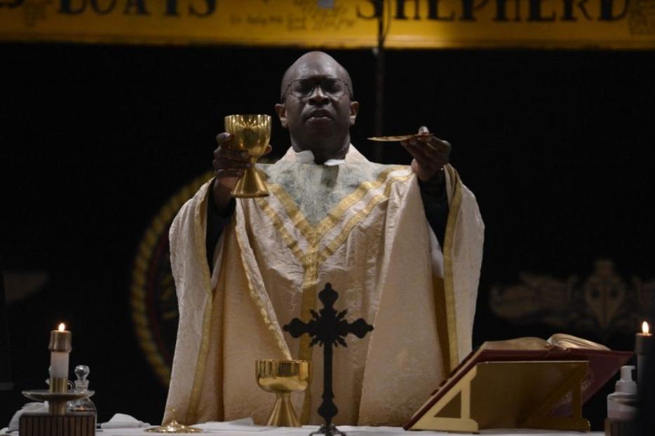 Father Lt. Mark Bristol, an active-duty Navy chaplain, celebrates Mass aboard the USS Theodore Roosevelt on May 10. Father Lt. Mark Bristol, an active-duty Navy chaplain, celebrates Mass aboard the USS Theodore Roosevelt on May 10.