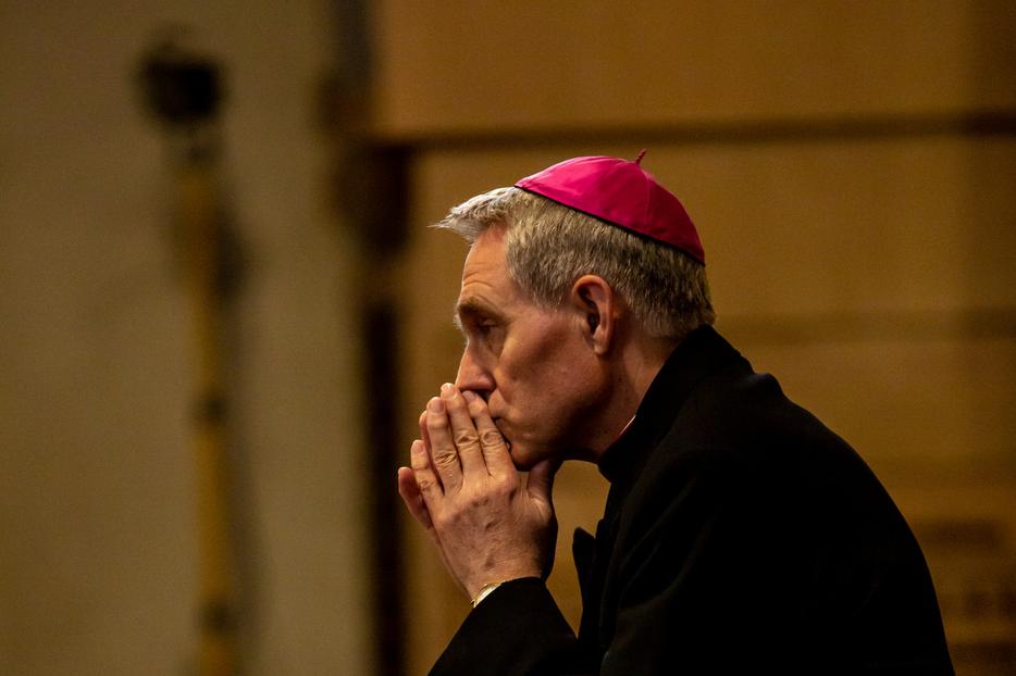 Archbishop Georg Ganswein, prefect of the papal household, prays after a Memorial Mass for the third anniversary of the death of Mother Angelica, Foundress of EWTN, on March 27, 2019. Archbishop Georg Ganswein, prefect of the papal household, prays after a Memorial Mass for the third anniversary of the death of Mother Angelica, Foundress of EWTN, on March 27, 2019.