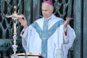 Archbishop Salvatore Cordileone celebrates Mass outdoors on the plaza at St. Mary's Cathedral in San Francisco on August 22, 2020. Archbishop Salvatore Cordileone celebrates Mass outdoors on the plaza at St. Mary's Cathedral in San Francisco on August 22, 2020.