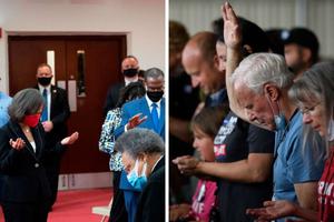 L to R: Clergy members and community activists pray for Democratic presidential candidate Joe Biden during his visit to Bethel AME Church in Wilmington, Delaware, June 1. Supporters of President Donald Trump pray as they await his arrival at Latrobe Airport Sept. 3 in Latrobe, Pennsylvania. L to R: Clergy members and community activists pray for Democratic presidential candidate Joe Biden during his visit to Bethel AME Church in Wilmington, Delaware, June 1. Supporters of President Donald Trump pray as they await his arrival at Latrobe Airport Sept. 3 in Latrobe, Pennsylvania.