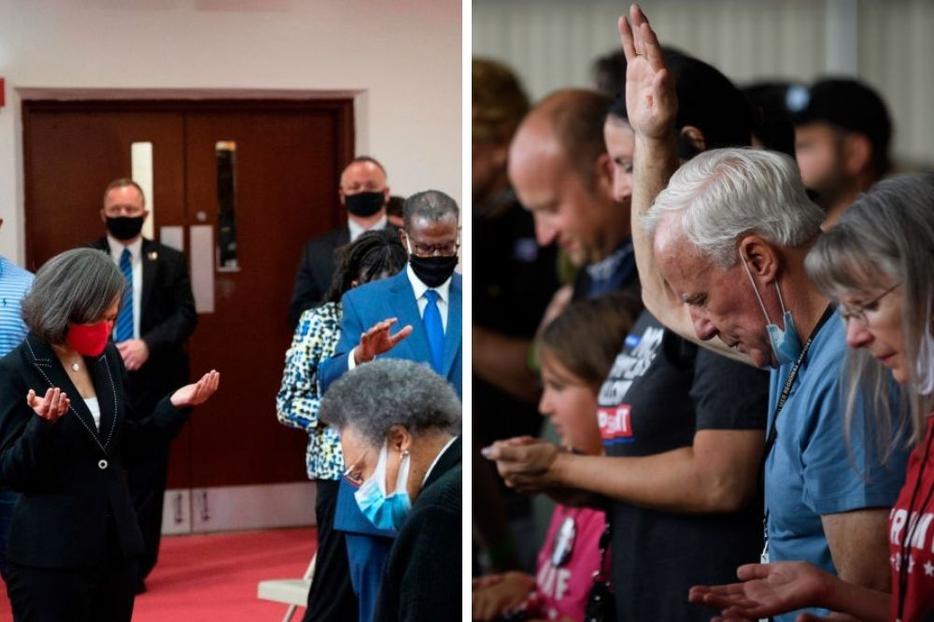 L to R: Clergy members and community activists pray for Democratic presidential candidate Joe Biden during his visit to Bethel AME Church in Wilmington, Delaware, June 1. Supporters of President Donald Trump pray as they await his arrival at Latrobe Airport Sept. 3 in Latrobe, Pennsylvania. L to R: Clergy members and community activists pray for Democratic presidential candidate Joe Biden during his visit to Bethel AME Church in Wilmington, Delaware, June 1. Supporters of President Donald Trump pray as they await his arrival at Latrobe Airport Sept. 3 in Latrobe, Pennsylvania.