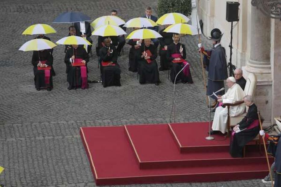 Pope Francis at his general audience in the San Damaso courtyard at the Vatican, Sept. 23, 2020. Pope Francis at his general audience in the San Damaso courtyard at the Vatican, Sept. 23, 2020.