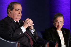 Supreme Court Justices Antonin Scalia (L) and Ruth Bader Ginsburg (R) wait for the beginning of the taping of “The Kalb Report” April 17, 2014, at the National Press Club in Washington, D.C. Supreme Court Justices Antonin Scalia (L) and Ruth Bader Ginsburg (R) wait for the beginning of the taping of “The Kalb Report” April 17, 2014, at the National Press Club in Washington, D.C.