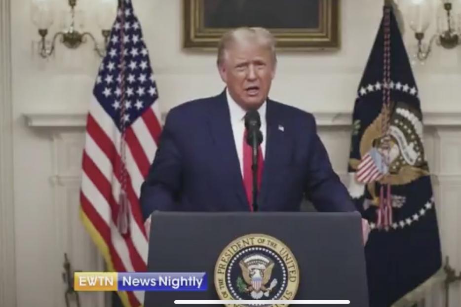 President Trump speaks at the National Catholic Prayer Breakfast on September 24, 2020. President Trump speaks at the National Catholic Prayer Breakfast on September 24, 2020.