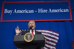 President Donald Trump speaks after touring Snap-On Tools in Kenosha, Wisconsin, April 18, 2017, prior to signing the Buy American, Hire American Executive Order. President Donald Trump speaks after touring Snap-On Tools in Kenosha, Wisconsin, April 18, 2017, prior to signing the Buy American, Hire American Executive Order.