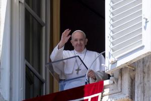 Pope Francis waves to pilgrims during his Angelus address August 30, 2020. Pope Francis waves to pilgrims during his Angelus address August 30, 2020.