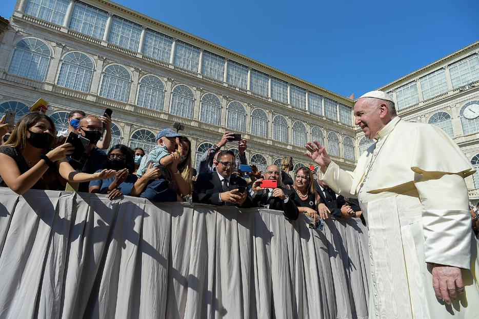 Pope Francis greeted pilgrims during the Wednesday general audience inside the San Damaso Courtyard of the Vatican Apostolic Palace on Sept. 16, 2020. Pope Francis greeted pilgrims during the Wednesday general audience inside the San Damaso Courtyard of the Vatican Apostolic Palace on Sept. 16, 2020.