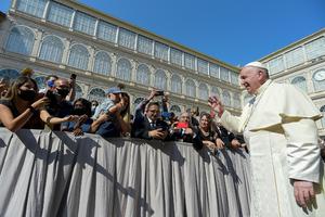 Pope Francis greeted pilgrims during the Wednesday general audience inside the San Damaso Courtyard of the Vatican Apostolic Palace on Sept. 16, 2020. Pope Francis greeted pilgrims during the Wednesday general audience inside the San Damaso Courtyard of the Vatican Apostolic Palace on Sept. 16, 2020.
