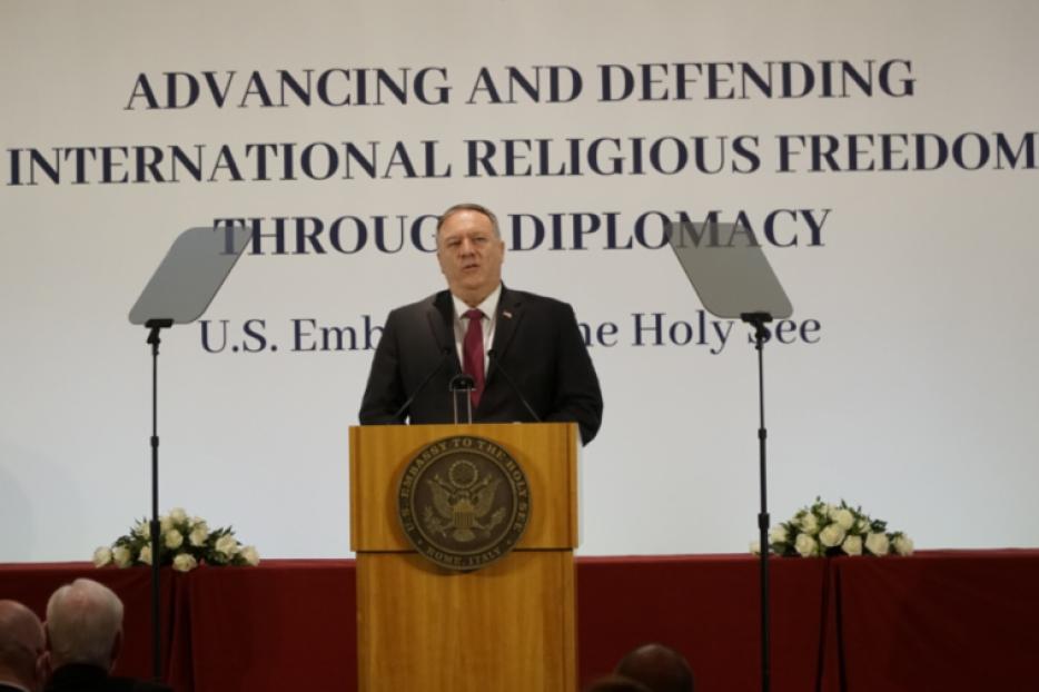 U.S. Secretary of State Mike Pompeo speaks at a symposium at the U.S. Embassy to the Holy See in Rome Sept. 30, 2020. U.S. Secretary of State Mike Pompeo speaks at a symposium at the U.S. Embassy to the Holy See in Rome Sept. 30, 2020.