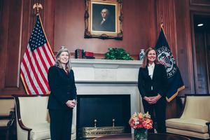 Supreme Court nominee Judge Amy Coney Barrett meets with Senator Joni Ernst of Iowa on October 1, 2020 on Capitol Hill. Supreme Court nominee Judge Amy Coney Barrett meets with Senator Joni Ernst of Iowa on October 1, 2020 on Capitol Hill.