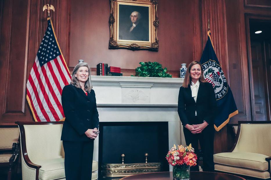 Supreme Court nominee Judge Amy Coney Barrett meets with Senator Joni Ernst of Iowa on October 1, 2020 on Capitol Hill. Supreme Court nominee Judge Amy Coney Barrett meets with Senator Joni Ernst of Iowa on October 1, 2020 on Capitol Hill.