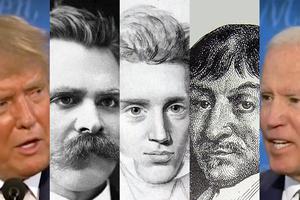 From Left to Right: (1) President Donald Trump; (2) Friedrich Nietzsche, expositor of nihilism; (3) existentialist philosopher Søren Kierkegaard; (4) rationalistic philosopher René Descartes; (5) former Vice President Joe Biden. From Left to Right: (1) President Donald Trump; (2) Friedrich Nietzsche, expositor of nihilism; (3) existentialist philosopher Søren Kierkegaard; (4) rationalistic philosopher René Descartes; (5) former Vice President Joe Biden.
