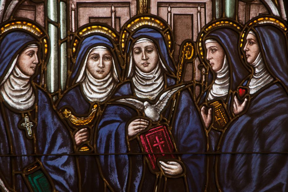Stained glass window depicting five Benedictine female saints, Saints Hildegard, Walburga, Scholastica, Mechtild, and Gertrude, located at St. Benedict Monastery in Bristow, Va. Stained glass window depicting five Benedictine female saints, Saints Hildegard, Walburga, Scholastica, Mechtild, and Gertrude, located at St. Benedict Monastery in Bristow, Va.