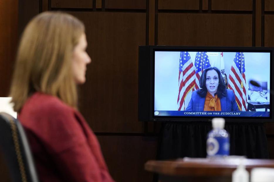 Democratic vice presidential candidate Senator Kamala Harris, D-Calif., speaks virtually during the second day of Senate Judiciary Committee confirmation hearings for Barrett on Capitol Hill on Oct. 13, 2020, in Washington, DC. Democratic vice presidential candidate Senator Kamala Harris, D-Calif., speaks virtually during the second day of Senate Judiciary Committee confirmation hearings for Barrett on Capitol Hill on Oct. 13, 2020, in Washington, DC.
