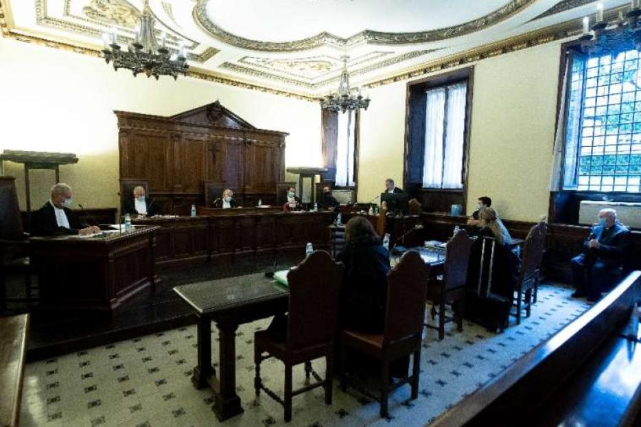 The first hearing of an abuse trial takes place at the Vatican court Oct. 14, 2020. The first hearing of an abuse trial takes place at the Vatican court Oct. 14, 2020.