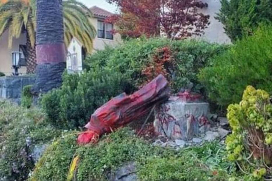 A statue of St. Junipero Serra, which was defaced and torn down by protesters Oct. 12, at Mission San Rafael Arcangel in San Rafael, California. A statue of St. Junipero Serra, which was defaced and torn down by protesters Oct. 12, at Mission San Rafael Arcangel in San Rafael, California.
