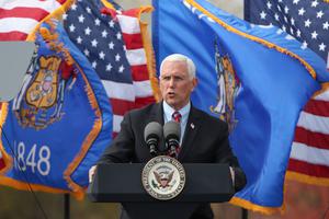 Vice President Mike Pence speaks on stage in Waukesha, Wisconsin, on October 13, 2020. Vice President Mike Pence speaks on stage in Waukesha, Wisconsin, on October 13, 2020.