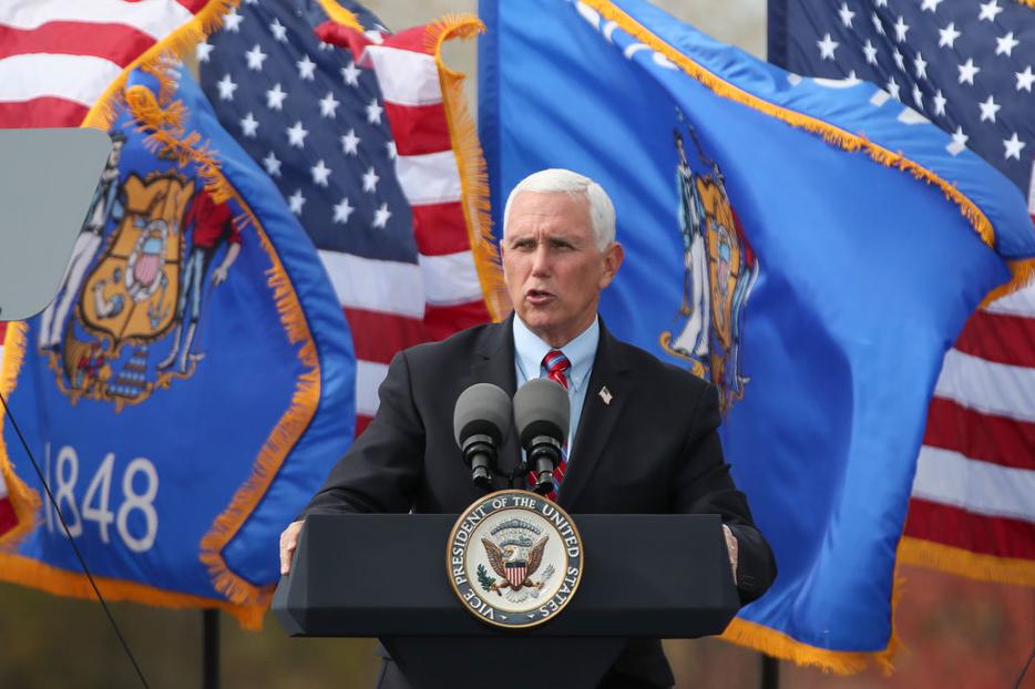 Vice President Mike Pence speaks on stage in Waukesha, Wisconsin, on October 13, 2020. Vice President Mike Pence speaks on stage in Waukesha, Wisconsin, on October 13, 2020.