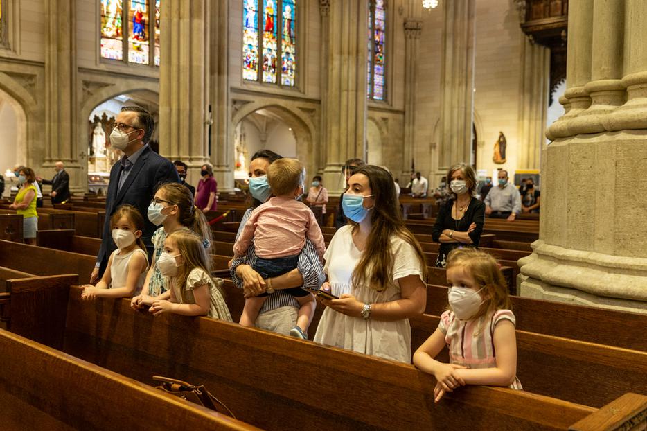 A family prays during Mass at St. Patrick's Cathedral during the coronavirus pandemic on June 28, 2020 in Manhattan. A family prays during Mass at St. Patrick's Cathedral during the coronavirus pandemic on June 28, 2020 in Manhattan.