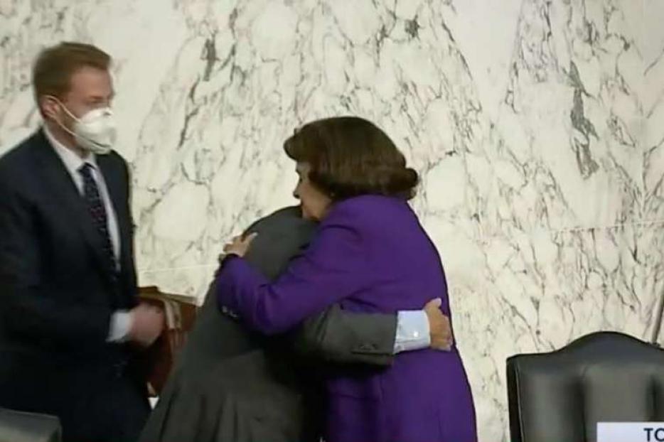 Sen. Dianne Feinstein and Sen. Lindsey Graham embrace after the hearings of the Senate Judiciary Committee, Oct. 15, 2020. Sen. Dianne Feinstein and Sen. Lindsey Graham embrace after the hearings of the Senate Judiciary Committee, Oct. 15, 2020.