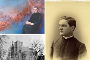 Clockwise from top left: Father Michael J. McGivney, shown the ‘Founding Vision’ by Antonella Cappuccio and in a portrait by John Tierney, aided Catholic families at St. Mary Church, shown in the 1880s, in New Haven, Connecticut. Father McGivney’s tomb is housed in the church. Clockwise from top left: Father Michael J. McGivney, shown the ‘Founding Vision’ by Antonella Cappuccio and in a portrait by John Tierney, aided Catholic families at St. Mary Church, shown in the 1880s, in New Haven, Connecticut. Father McGivney’s tomb is housed in the church.