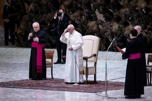 Pope Francis gives his general audience address in the Paul VI Audience Hall at the Vatican Oct. 21, 2020. Pope Francis gives his general audience address in the Paul VI Audience Hall at the Vatican Oct. 21, 2020.