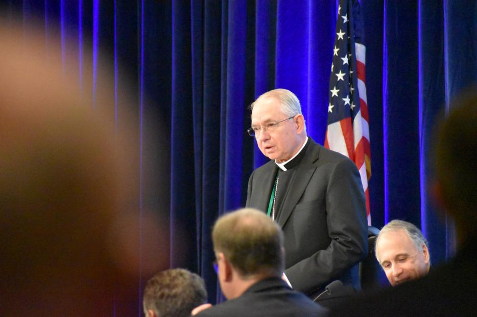 Archbishop Jose H. Gomez of Los Angeles addresses his brother bishops after being elected to a 3 year term as President of the United States Conference of Catholic Bishops during the second day of the USCCB's Fall Meeting in Baltimore, Nov. 11, 2019 Archbishop Jose H. Gomez of Los Angeles addresses his brother bishops after being elected to a 3 year term as President of the United States Conference of Catholic Bishops during the second day of the USCCB's Fall Meeting in Baltimore, Nov. 11, 2019