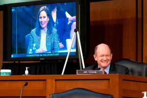 Sen. Chris Coons, a Democrat from Delaware, speaks during the Senate Judiciary Committee confirmation hearing for Amy Coney Barrett Oct. 14 in Washington. Sen. Chris Coons, a Democrat from Delaware, speaks during the Senate Judiciary Committee confirmation hearing for Amy Coney Barrett Oct. 14 in Washington.