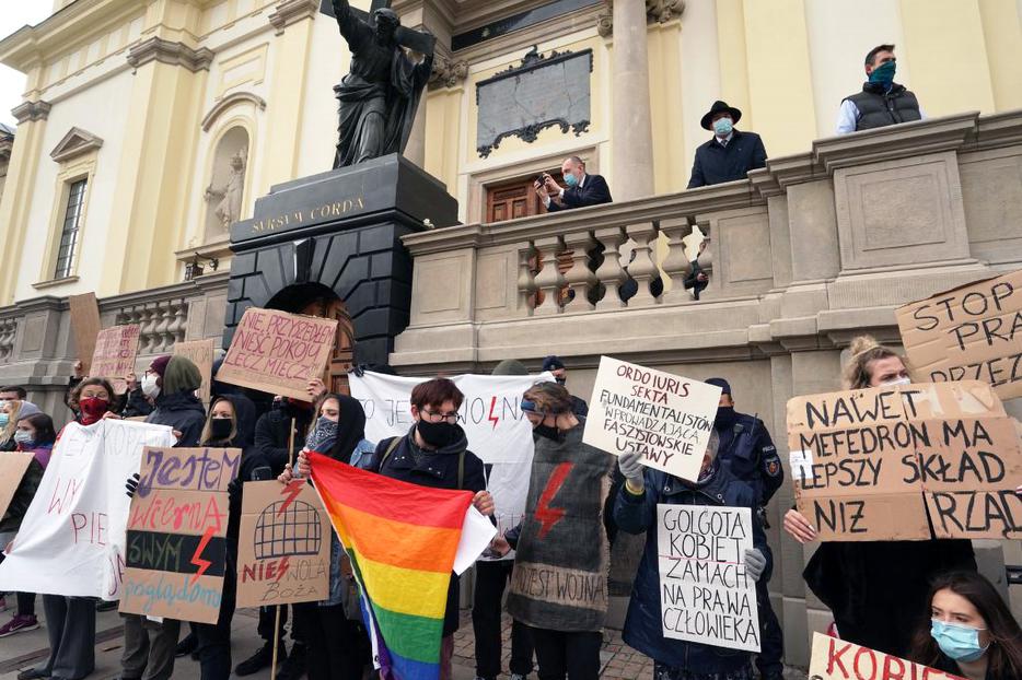 Pro-abortion protesters demonstrate Sunday in front of a Catholic church in Warsaw. Poland’s constitutional court issued a pro-life ruling Oct. 22, triggering four straight days of protests across the country. Pro-abortion protesters demonstrate Sunday in front of a Catholic church in Warsaw. Poland’s constitutional court issued a pro-life ruling Oct. 22, triggering four straight days of protests across the country.
