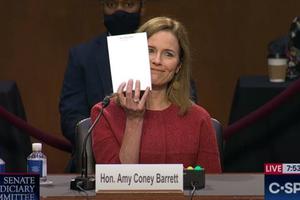 Judge Amy Coney Barrett holds up her 'notes' during her Senate confirmation hearing on Oct. 12, 2020.