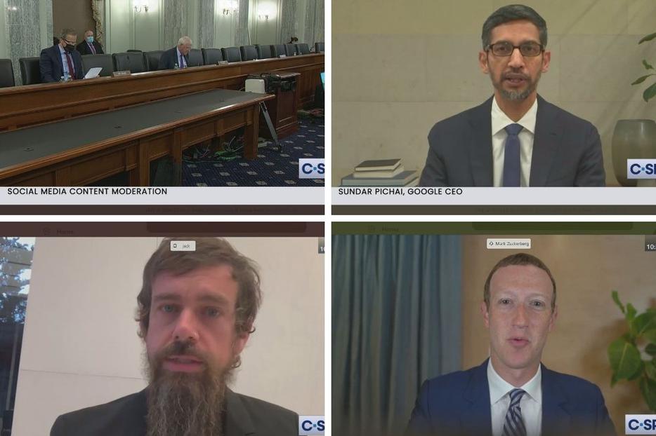 The Senate Commerce Committee held a hearing Oct. 28 to discuss Section 230 and censorship concerns with CEOs (clockwise from top right) Sundar Pichai of Google; Mark Zuckerberg of Facebook; and Jack Dorsey of Twitter. The Senate Commerce Committee held a hearing Oct. 28 to discuss Section 230 and censorship concerns with CEOs (clockwise from top right) Sundar Pichai of Google; Mark Zuckerberg of Facebook; and Jack Dorsey of Twitter.