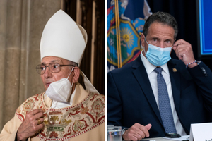 Bishop Nicholas DiMarzio attends NYPD mass honoring members died of COVID-19 at St. Patrick's Cathedral on October 5, 2020. (R) Governor Andrew Cuomo makes an announcement and holds media briefing at 3rd Avenue office. Bishop Nicholas DiMarzio attends NYPD mass honoring members died of COVID-19 at St. Patrick's Cathedral on October 5, 2020. (R) Governor Andrew Cuomo makes an announcement and holds media briefing at 3rd Avenue office.