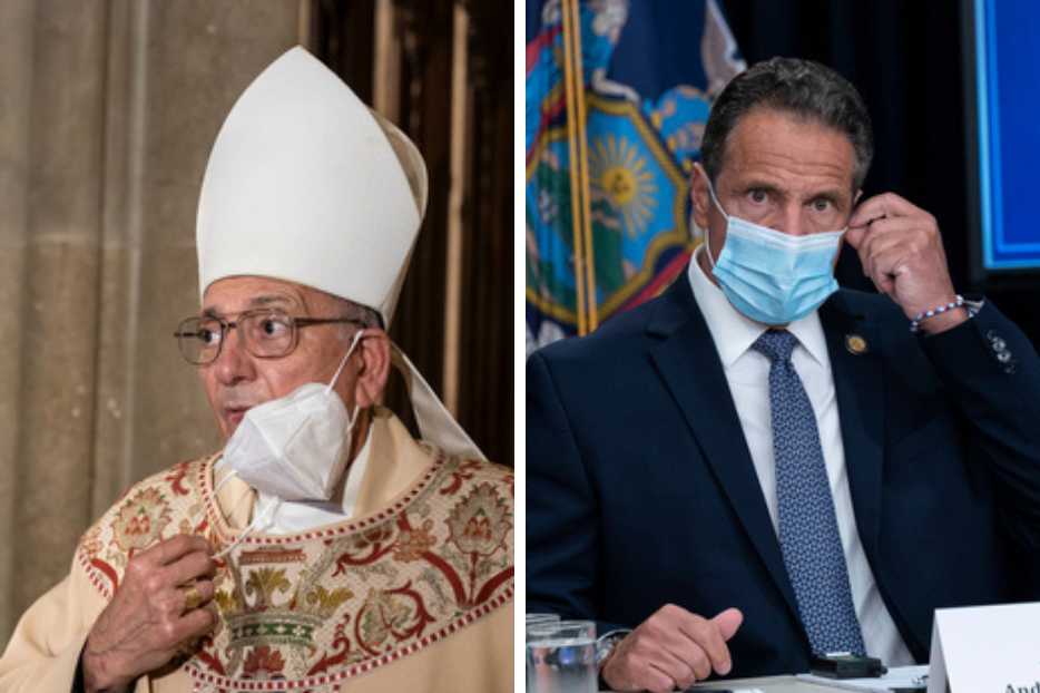 Bishop Nicholas DiMarzio attends NYPD mass honoring members died of COVID-19 at St. Patrick's Cathedral on October 5, 2020. (R) Governor Andrew Cuomo makes an announcement and holds media briefing at 3rd Avenue office. Bishop Nicholas DiMarzio attends NYPD mass honoring members died of COVID-19 at St. Patrick's Cathedral on October 5, 2020. (R) Governor Andrew Cuomo makes an announcement and holds media briefing at 3rd Avenue office.