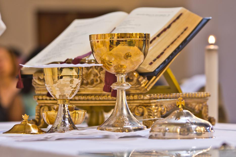 Close-up of an altar prepared for Mass. Close-up of an altar prepared for Mass.