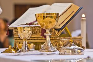 Close-up of an altar prepared for Mass. Close-up of an altar prepared for Mass.