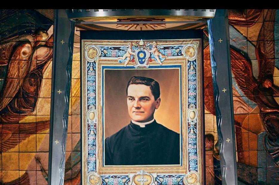 Tapestry with the image of Blessed Michael McGivney hangs in the Cathedral of St. Joseph in Hartford, Connecticut, on Oct. 31 during the beatification ceremony of the priest who founded the Knights of Columbus. Tapestry with the image of Blessed Michael McGivney hangs in the Cathedral of St. Joseph in Hartford, Connecticut, on Oct. 31 during the beatification ceremony of the priest who founded the Knights of Columbus.
