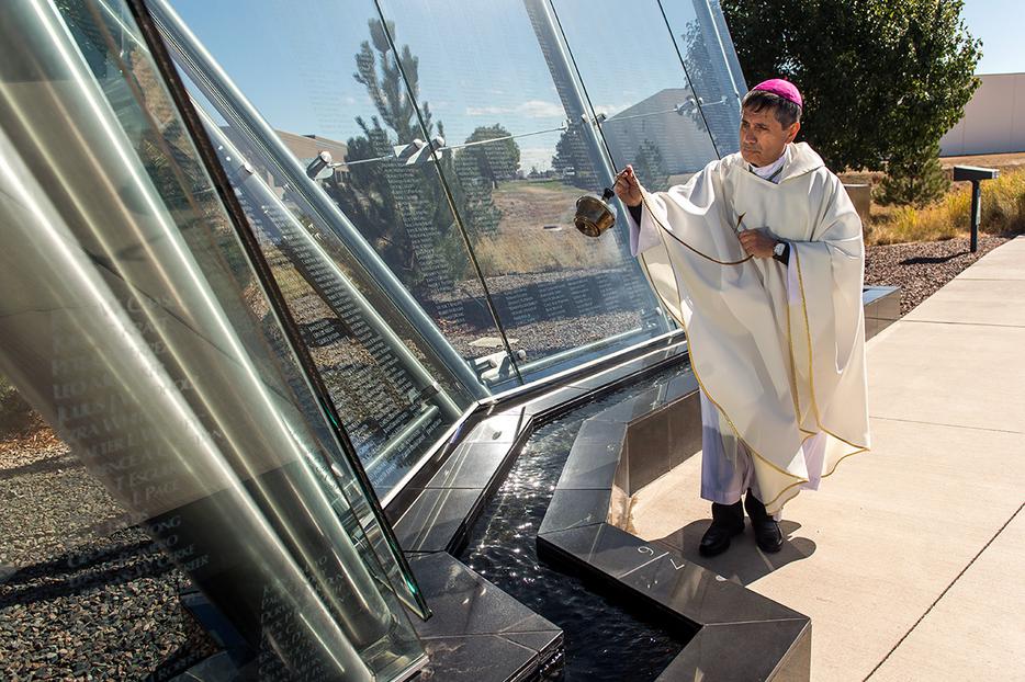 Bishop Jorge Rodríguez blesses the Colorado Freedom Memorial during a Mass Sept. 28, 2019, in Aurora, Colorado. Bishop Jorge Rodríguez blesses the Colorado Freedom Memorial during a Mass Sept. 28, 2019, in Aurora, Colorado.